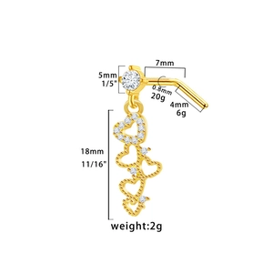 Detailed dimensions of gold heart nose stud with white zircon and chain pendant
