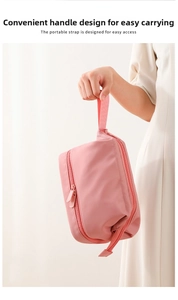 Pink double-layer makeup bag detail with a comfortable handle for easy carrying