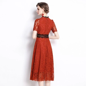 Elegant red lace midi dress with short sleeves and black waist detailing, back view