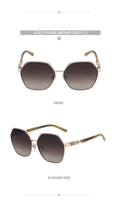 Front and 45-degree side views of gold geometric sunglasses with brown gradient lenses