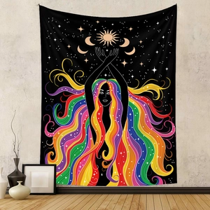 Bohemian tapestry featuring a woman with rainbow hair and celestial sun and moon symbols