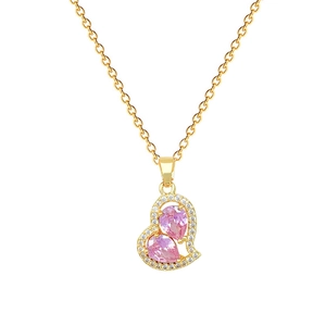 Elegant gold titanium steel necklace with pink heart pendant and shimmering crystals