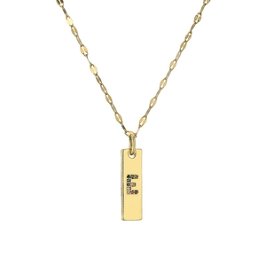 Detail of gold letter E pendant with multi-color zircon stones on a flat lip chain link