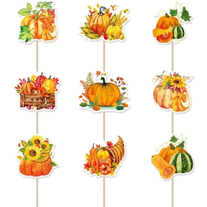 9-teiliges Set Aquarell-Kuchenstecker mit Kürbis und Sonnenblumen für die Herbstdekoration