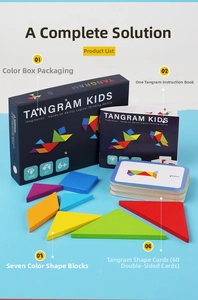 Detailed set of colorful wooden tangram puzzle with storage box and 60 challenge cards