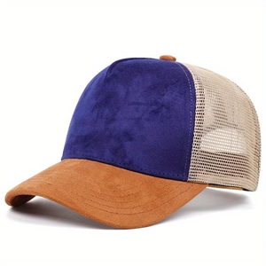 Detail of navy and brown suede trucker hat with breathable beige mesh panels
