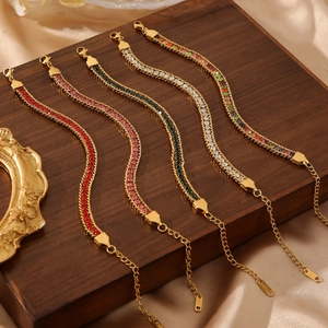 Women Bohemian Stainless Steel Bracelet 18K Gold Plated Colorful Cubic Zirconia Row Adjustable Chain Jewelry