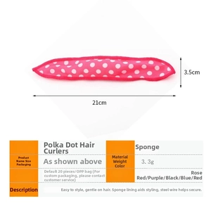 Detailed size chart for polka dot sponge hair roller with steel wire core measurements