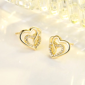 Exquisite double heart stud earrings with sparkling white cubic zirconia in gold finish