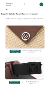 Detail of sun visor showing brown woven fabric with H metal buckle and elastic strap