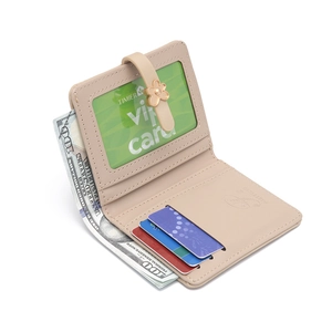 Short beige PU leather folded wallet with floral buckle and multiple card slots