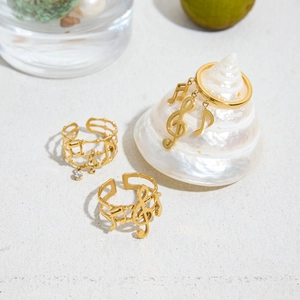 Detail of 18K gold plated musical note and staff rings on a beach scene