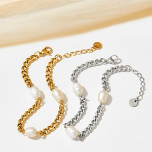 Baroque pearl and stainless steel Cuban link bracelets in gold and silver finishes