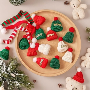 Mini knitted Christmas hat and scarf set with LOVE lettering on wooden tray decoration