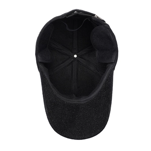 Winter baseball cap for men with ear flaps and warm fleece lining in black wool blend