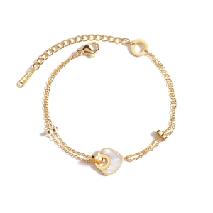 14K gold plated stainless steel heart charm layered bracelet with white shell inlay