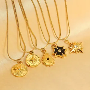 Eight-pointed Star Compass Pendant Necklace 18K Gold Plated Stainless Steel Snake Bone Chain Retro Jewelry For Women