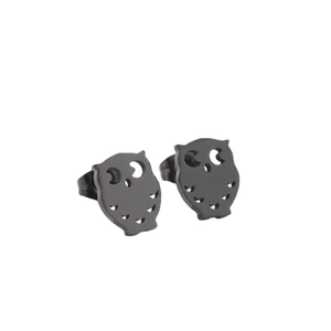 Minimalist matte black owl silhouette stud earrings with hollow stainless steel cutout