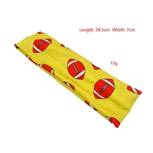 Elastic rugby headband measuring 24.5cm by 7cm with vibrant football pattern
