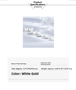 Size comparison and weight specifications for S925 sterling silver pearl stud earrings
