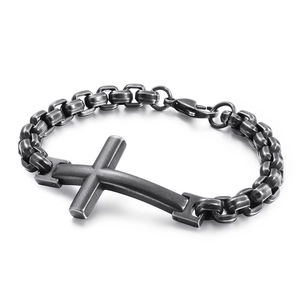 Men's stainless steel cross bracelet with vintage silver finish on white background