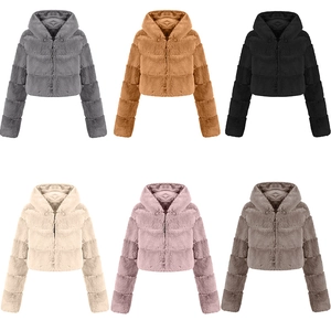 Short faux fur hooded jacket in six colors featuring cropped design and metal zipper