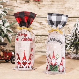 Christmas Wine Bottle Cover Gift Bags Burlap Linen Drawstring Gnome Print Buffalo Plaid Dinner Table Party Decor