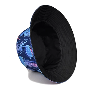 Reversible jellyfish print bucket hat in deep blue with black inner lining sun protection