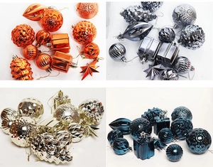 Detail of diverse electroplated Christmas ornaments including spheres and pinecones in four colors