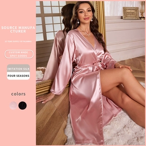 Women Long Sleeve Satin Robe Imitation Satin Bathrobe V-Neck Elegant Nightgown Sleepwear Loungewear With Waist Tie Sash