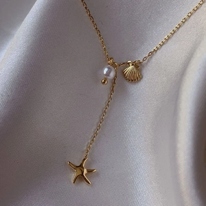 Vintage French Style Copper Gold Plated Necklace With Shell Conch Artificial Pearl And Oval Green Gemstone Pendants For Women