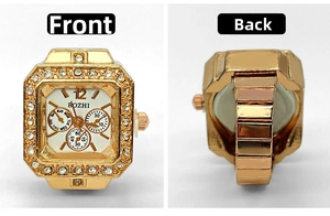 Front and back views of a gold square ring watch with white rhinestones and elastic band