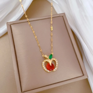 Luxury gold titanium apple pendant necklace with red and green crystals and white diamonds