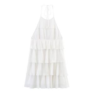 Robe dos nu blanche en tissu plissé avec design de jupe à volants superposés