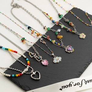 Y2K Dopamine Multicolor Beaded Necklace For Women Titanium Steel Heart Cloud Pendant Sweet Cool Aesthetic Clavicle Chain Jewelry