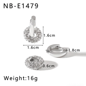Detailed view of silver hoop earrings with detachable crystal charms and size dimensions