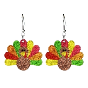 Glittering turkey dangle earrings with autumn colors and silver hooks on white background