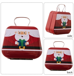Detailed views of Christmas tin gift box with Santa Claus print and metal handle