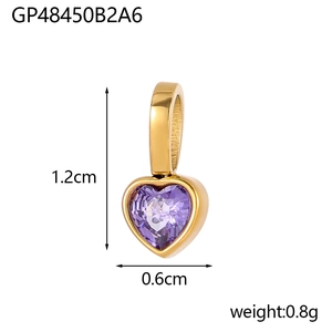Detailed view of gold heart pendant with purple zircon and dimensions 1.2cm by 0.6cm