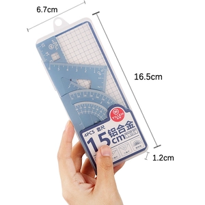 Blue 15cm aluminum geometry ruler set in a storage case, 4-piece professional stationery kit