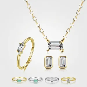 Luxurious S925 silver jewelry set with emerald-cut mint green stones and clear zircons