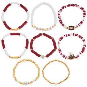 8-piece Game Day football bracelet set with red clay beads and gold charms