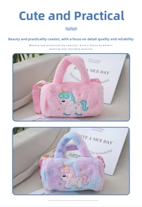 Detail showing two plush unicorn bags in pink and rainbow gradient with embroidery