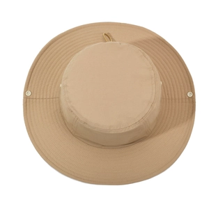 Unisex khaki outdoor sun hat with wide brim and breathable eyelets for hiking and fishing