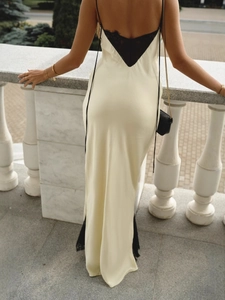 Sleeveless deep V lace patchwork backless satin evening maxi dress in cream white