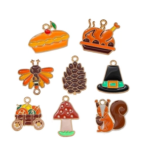 Detailed set of 8 enamel charms including turkey, pumpkin and pine cone for jewelry making