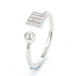 Silver open ring featuring a micro-pave square zircon and a sleek metal ball element