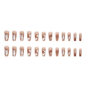 Chocolate cinnamon brown press-on nails with silver heart pattern and rhinestones