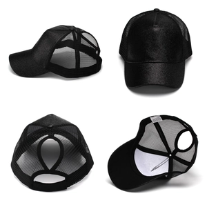 Black glitter ponytail baseball mesh cap showing front side and back hole views