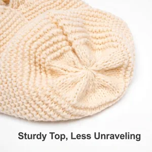 Beige chunky knit winter hat top view showing solid stitching and ribbed texture